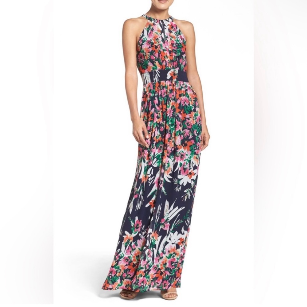 Eliza J Floral High Neck Halter Chiffon Maxi Dress